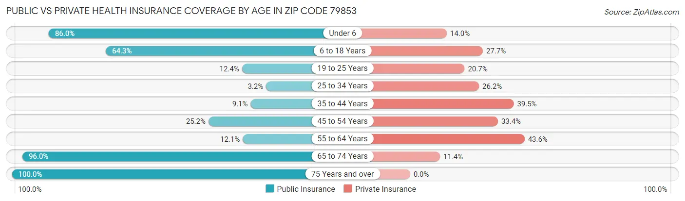 Public vs Private Health Insurance Coverage by Age in Zip Code 79853