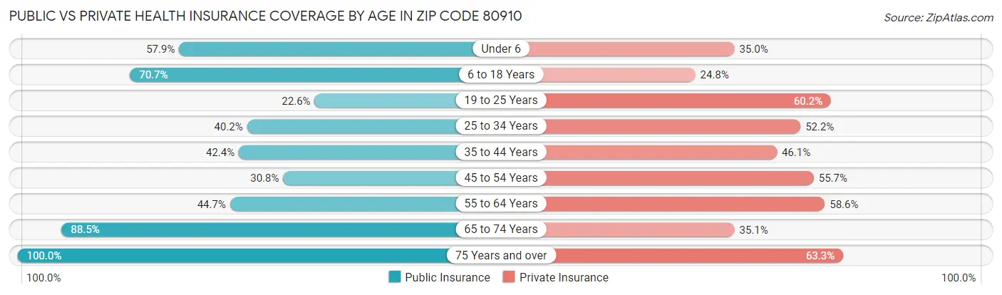 Public vs Private Health Insurance Coverage by Age in Zip Code 80910
