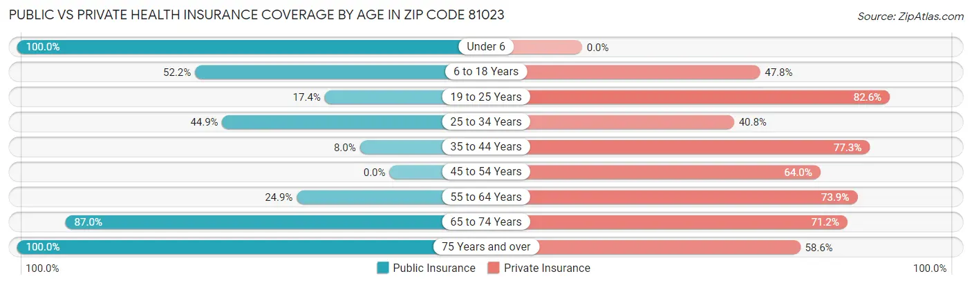 Public vs Private Health Insurance Coverage by Age in Zip Code 81023