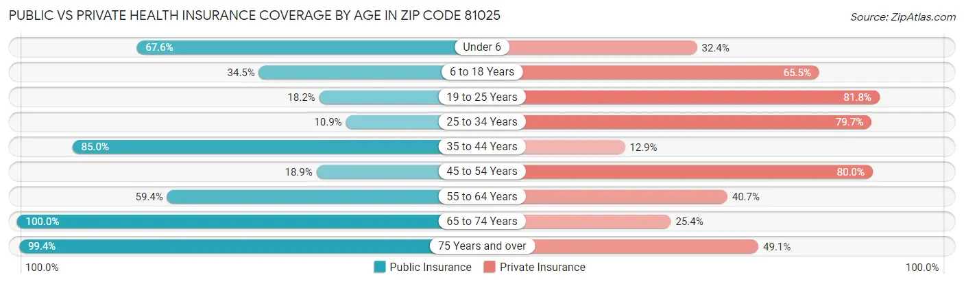 Public vs Private Health Insurance Coverage by Age in Zip Code 81025