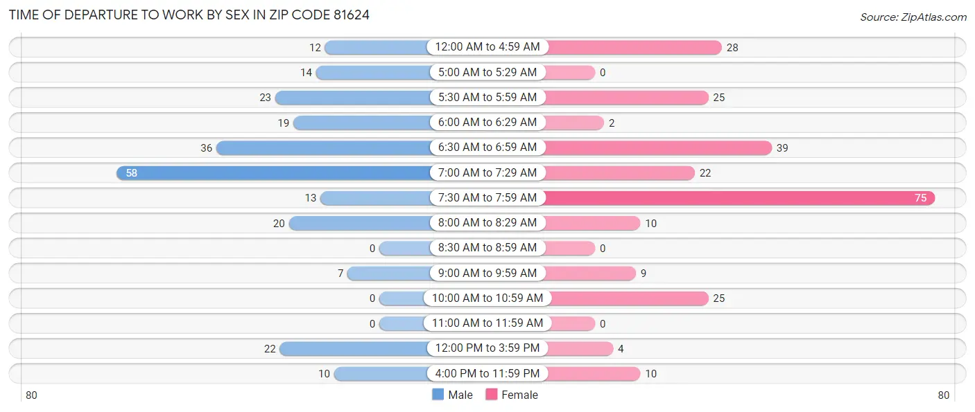 Time of Departure to Work by Sex in Zip Code 81624