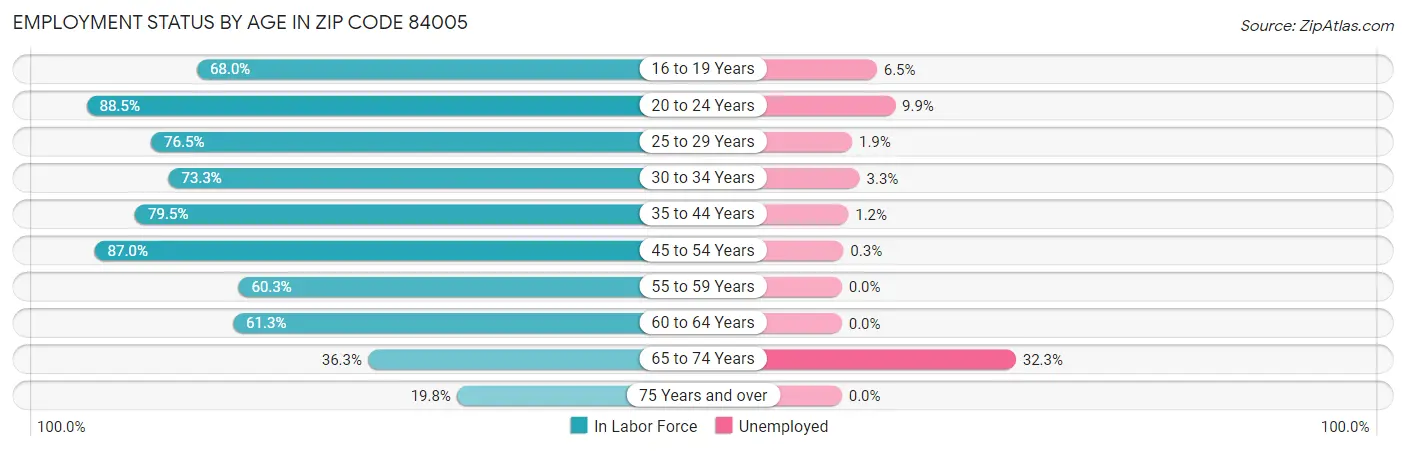 Employment Status by Age in Zip Code 84005