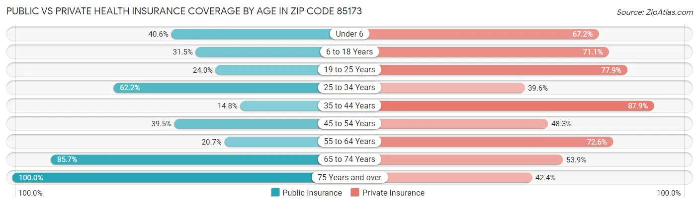 Public vs Private Health Insurance Coverage by Age in Zip Code 85173