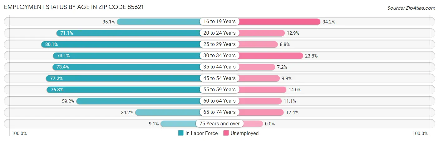 Employment Status by Age in Zip Code 85621