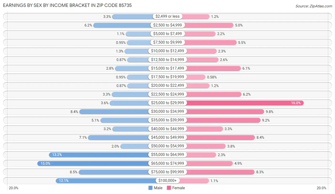 Earnings by Sex by Income Bracket in Zip Code 85735