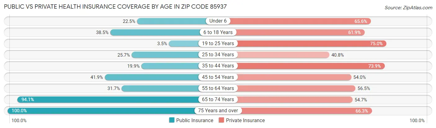 Public vs Private Health Insurance Coverage by Age in Zip Code 85937