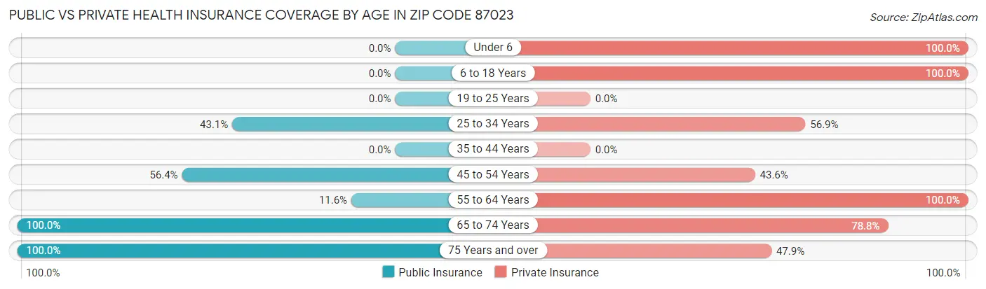 Public vs Private Health Insurance Coverage by Age in Zip Code 87023