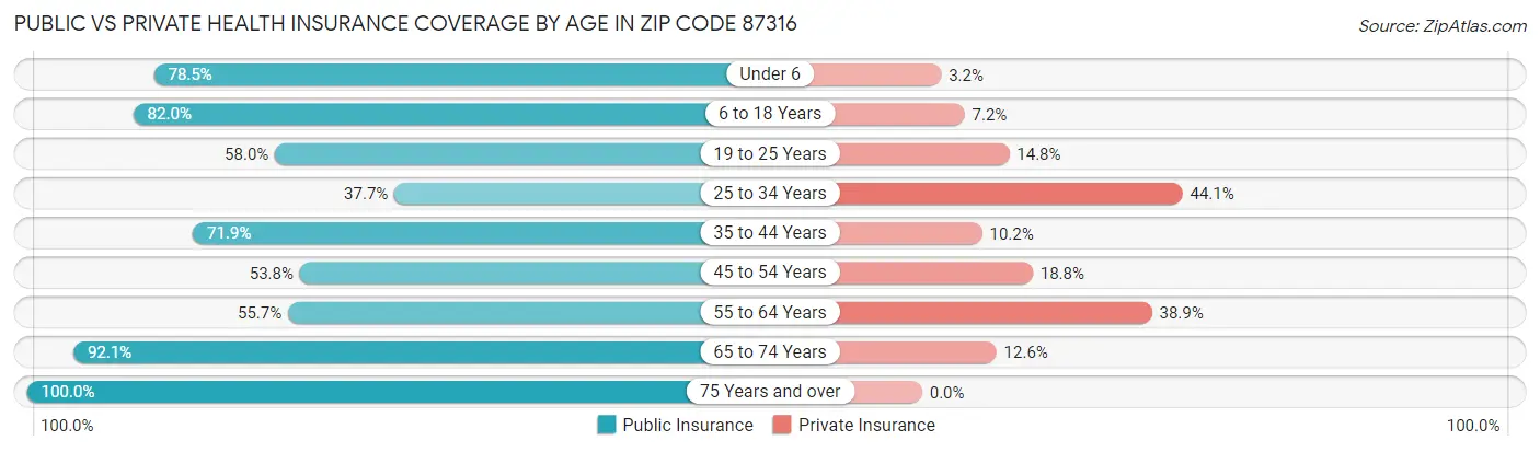 Public vs Private Health Insurance Coverage by Age in Zip Code 87316