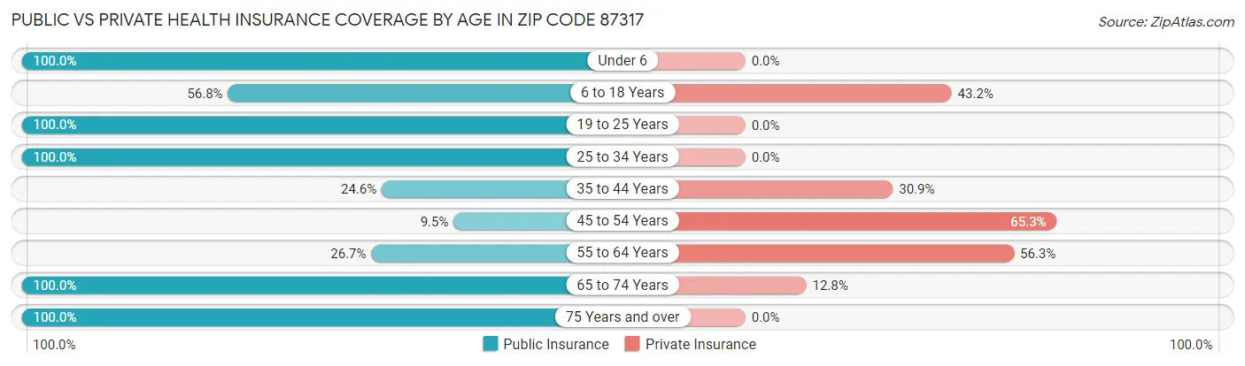 Public vs Private Health Insurance Coverage by Age in Zip Code 87317