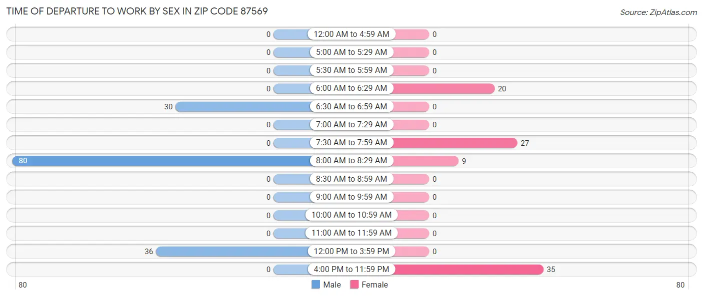 Time of Departure to Work by Sex in Zip Code 87569