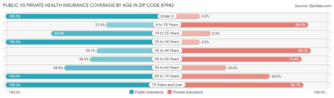 Public vs Private Health Insurance Coverage by Age in Zip Code 87942