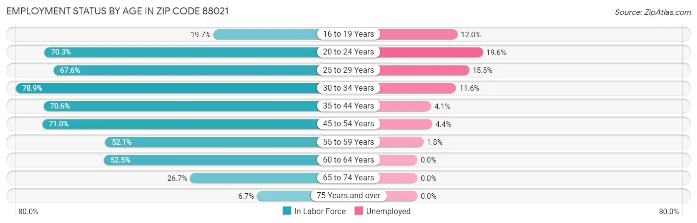 Employment Status by Age in Zip Code 88021
