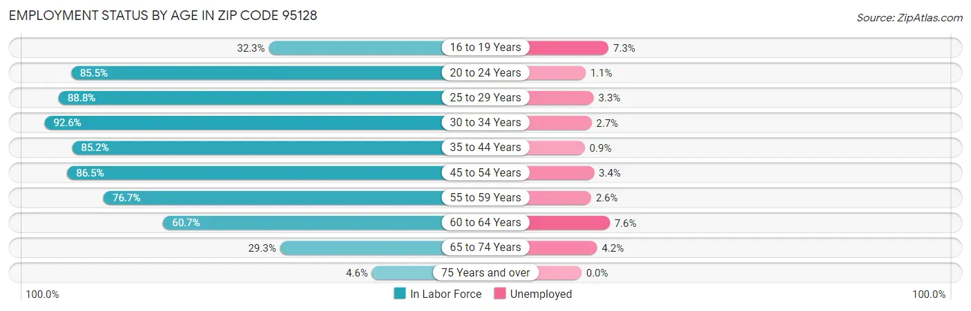 Employment Status by Age in Zip Code 95128