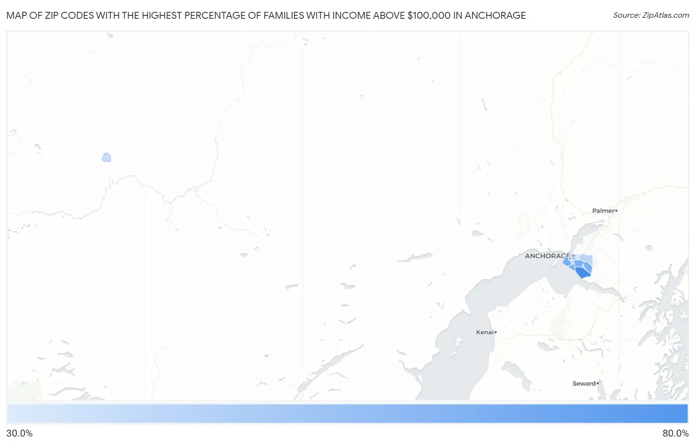 Zip Codes with the Highest Percentage of Families with Income Above $100,000 in Anchorage Map