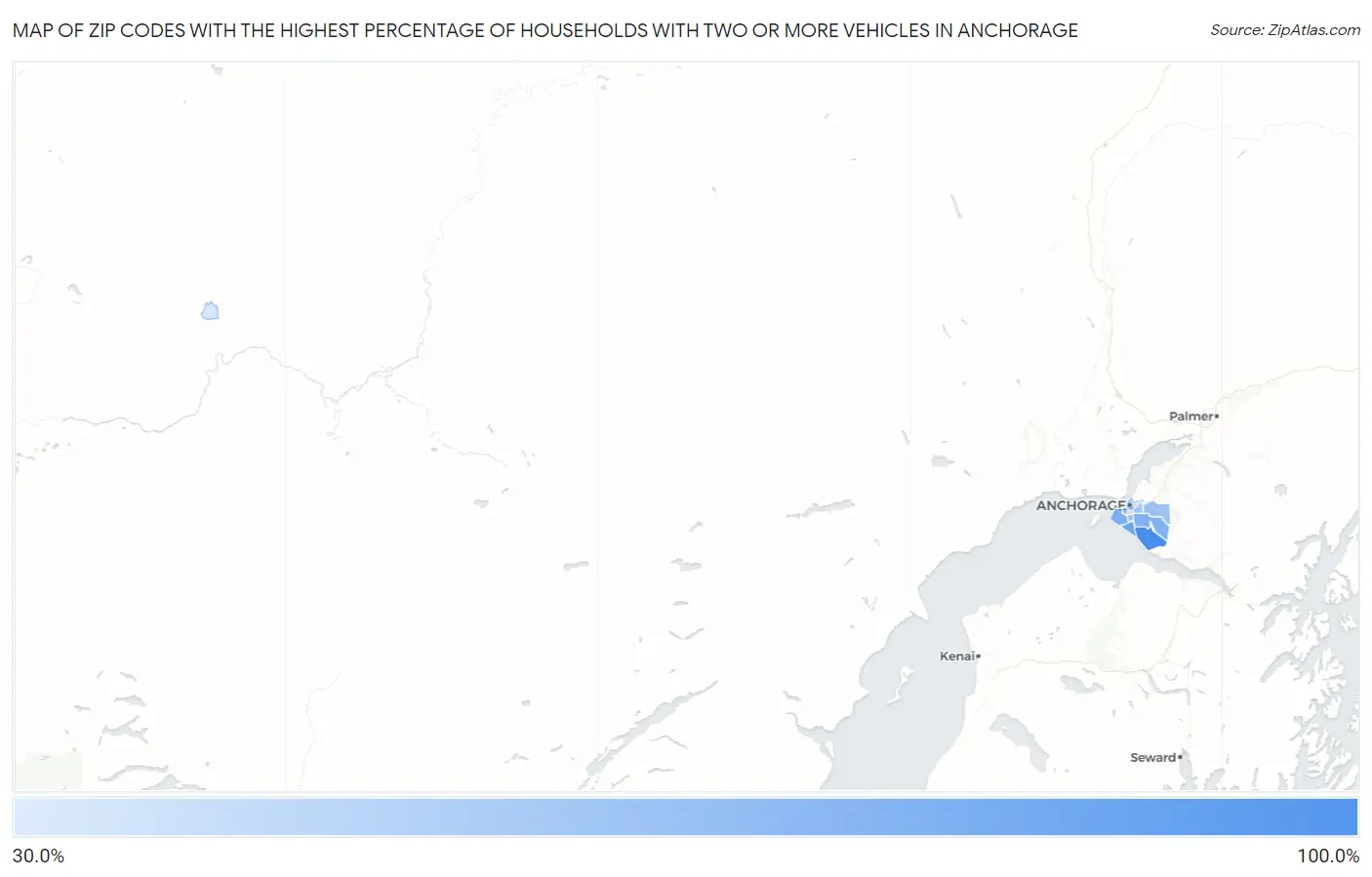 Zip Codes with the Highest Percentage of Households With Two or more Vehicles in Anchorage Map