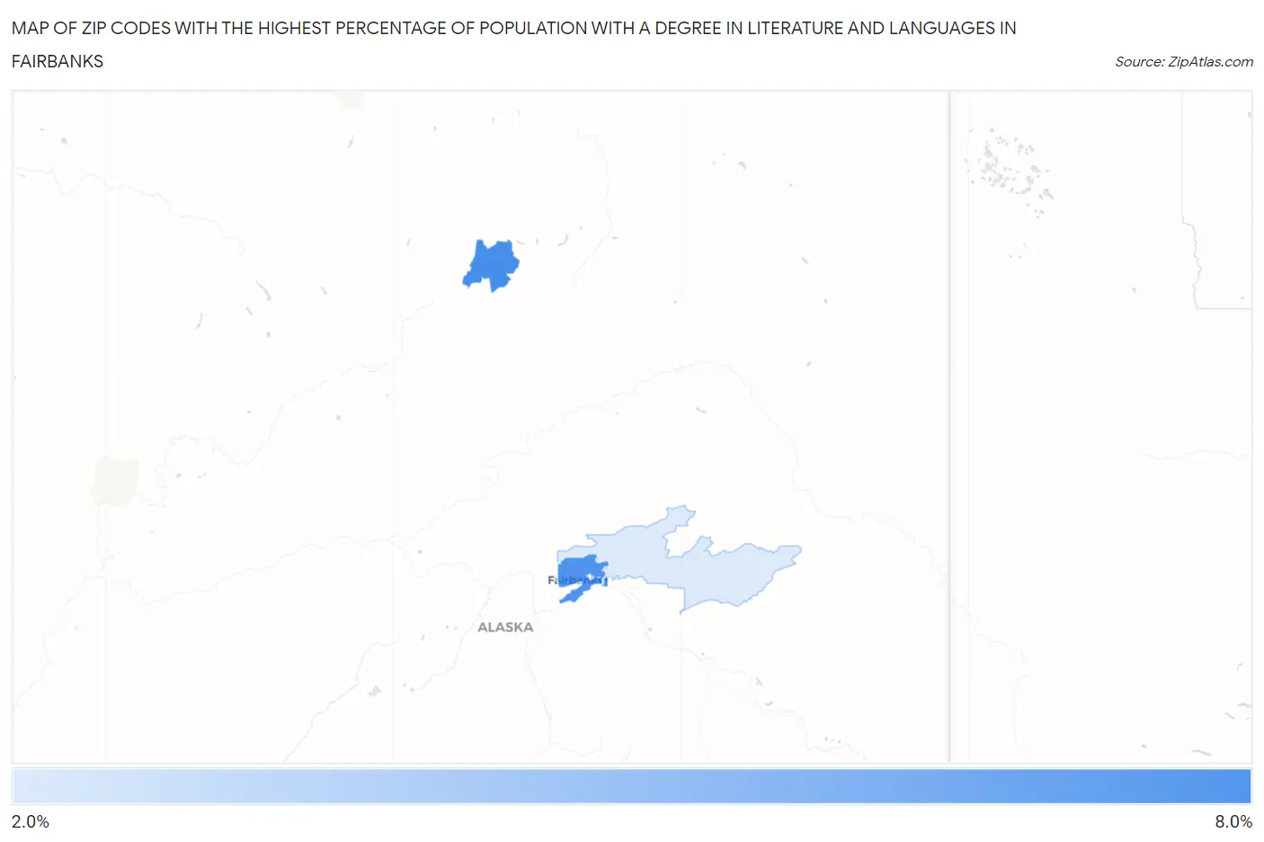 Zip Codes with the Highest Percentage of Population with a Degree in Literature and Languages in Fairbanks Map