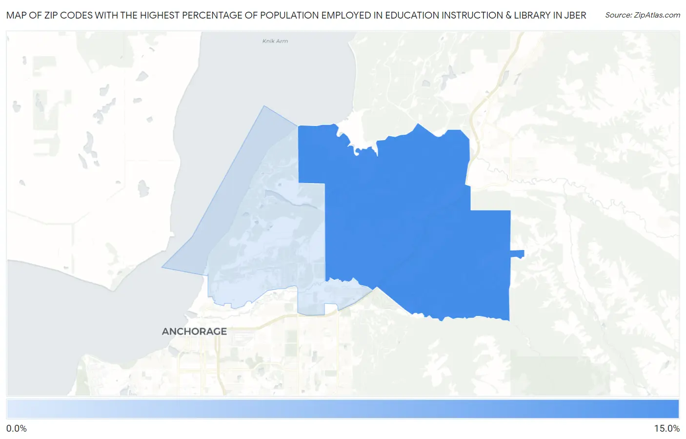 Zip Codes with the Highest Percentage of Population Employed in Education Instruction & Library in Jber Map