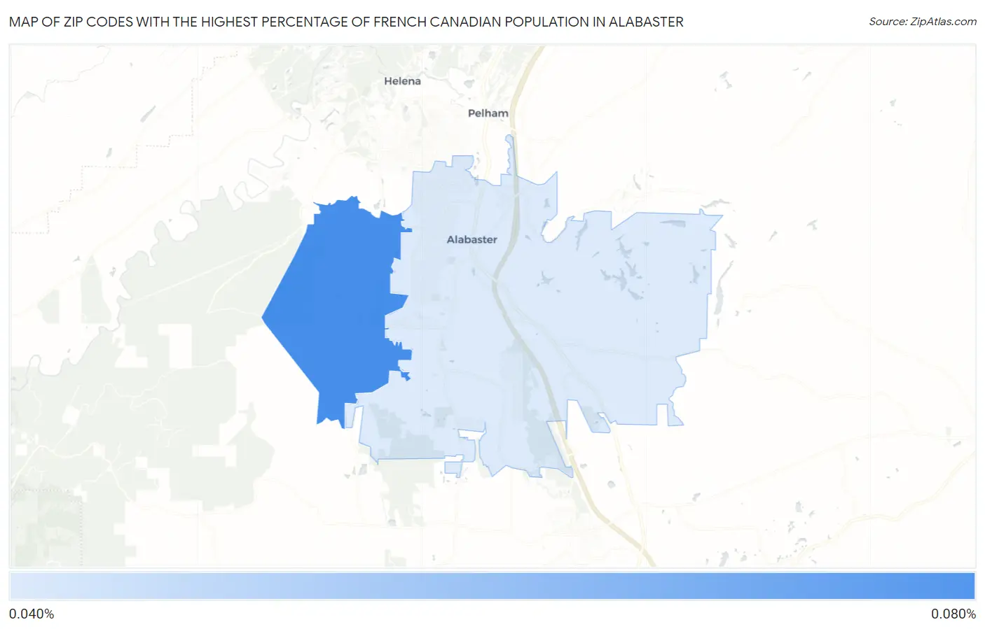 Zip Codes with the Highest Percentage of French Canadian Population in Alabaster Map