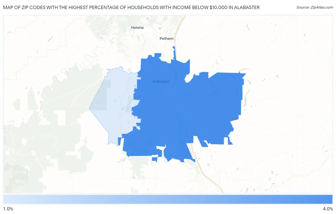 Zip Codes with the Highest Percentage of Households with Income Below $10,000 in Alabaster Map