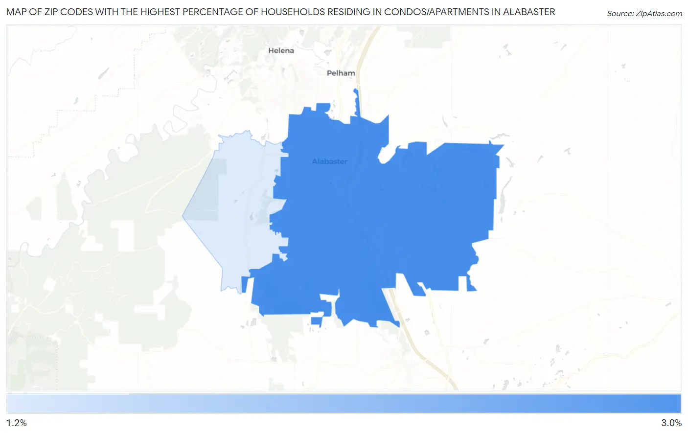 Zip Codes with the Highest Percentage of Households Residing in Condos/Apartments in Alabaster Map
