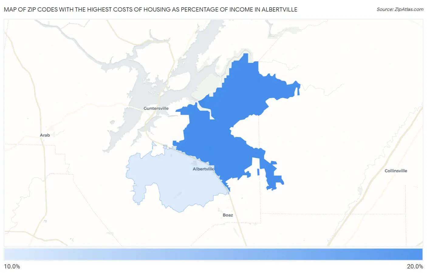 Zip Codes with the Highest Costs of Housing as Percentage of Income in Albertville Map