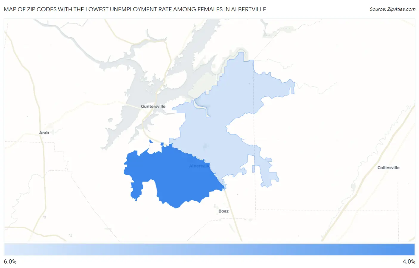 Zip Codes with the Lowest Unemployment Rate Among Females in Albertville Map
