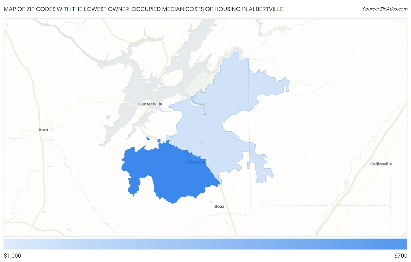 Zip Codes with the Lowest Owner-Occupied Median Costs of Housing in Albertville Map