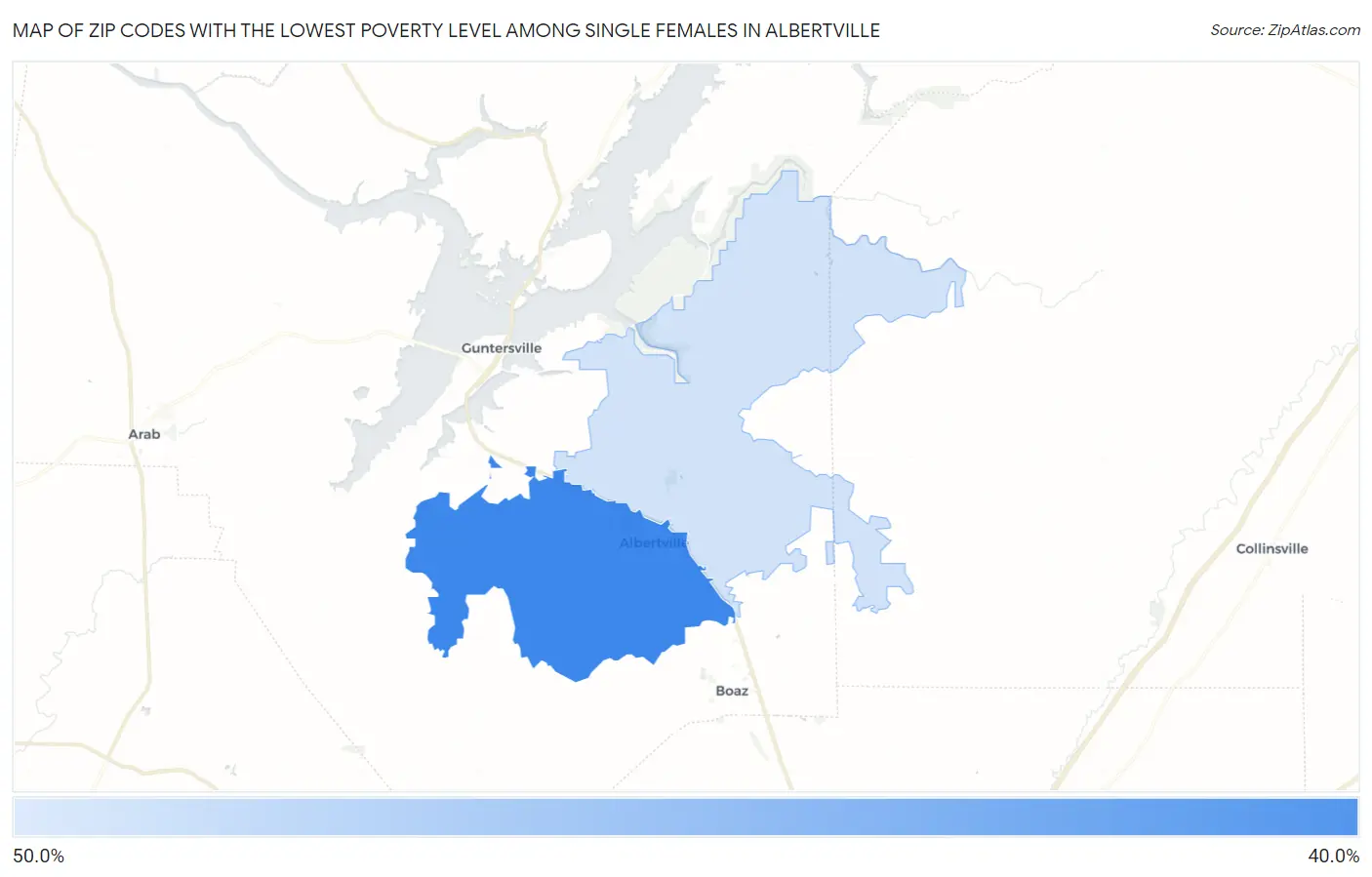 Zip Codes with the Lowest Poverty Level Among Single Females in Albertville Map