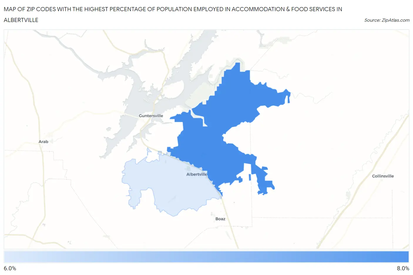 Zip Codes with the Highest Percentage of Population Employed in Accommodation & Food Services in Albertville Map