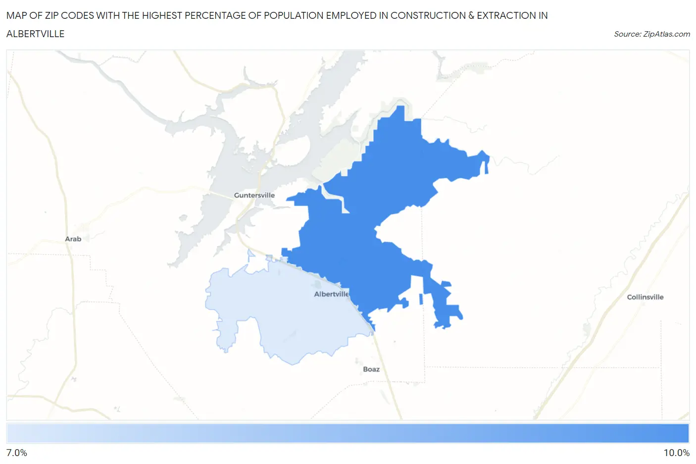 Zip Codes with the Highest Percentage of Population Employed in Construction & Extraction in Albertville Map