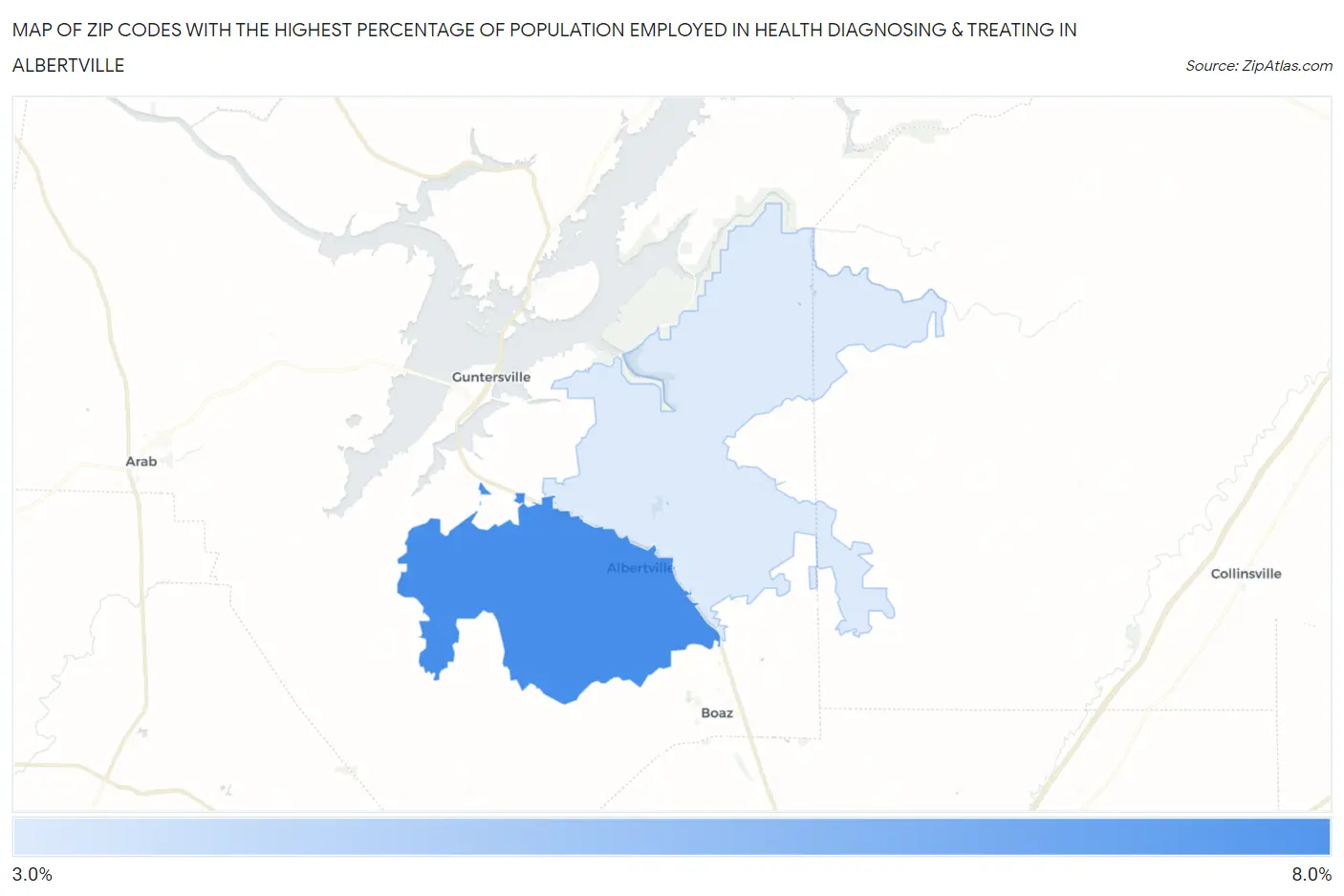 Zip Codes with the Highest Percentage of Population Employed in Health Diagnosing & Treating in Albertville Map
