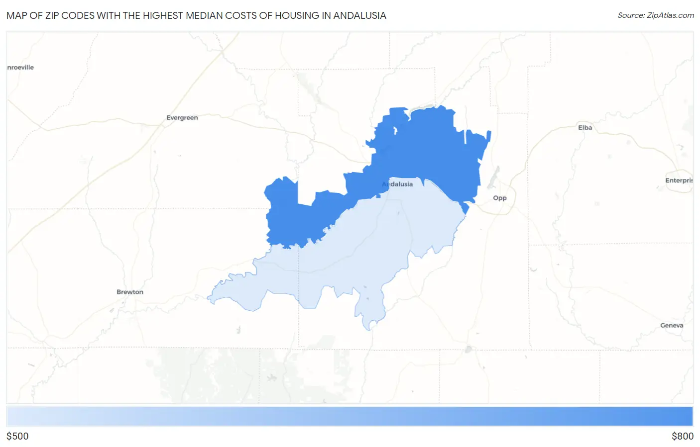 Zip Codes with the Highest Median Costs of Housing in Andalusia Map