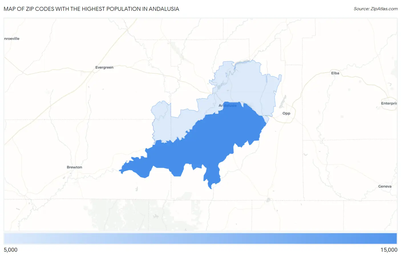 Zip Codes with the Highest Population in Andalusia Map