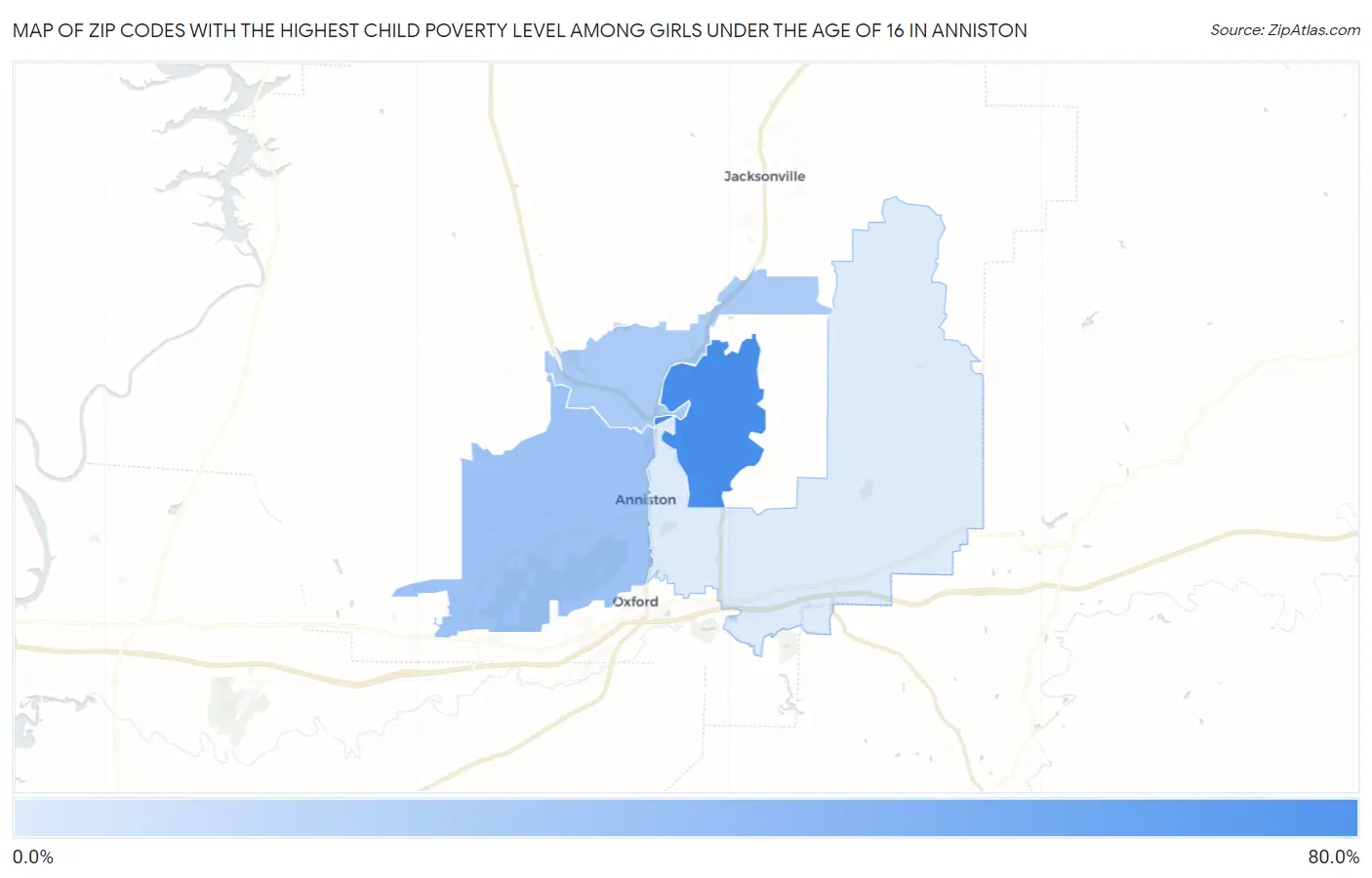 Zip Codes with the Highest Child Poverty Level Among Girls Under the Age of 16 in Anniston Map
