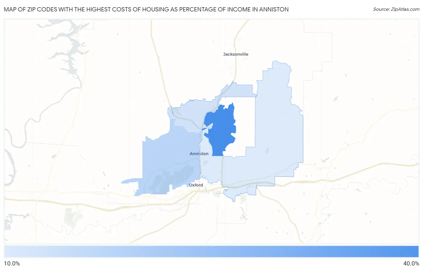 Zip Codes with the Highest Costs of Housing as Percentage of Income in Anniston Map