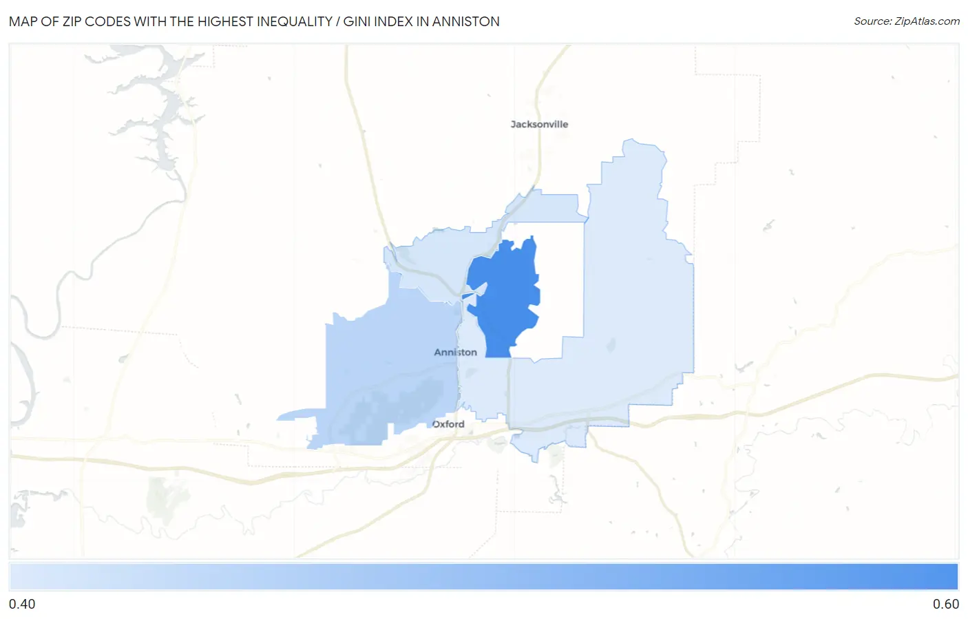 Zip Codes with the Highest Inequality / Gini Index in Anniston Map