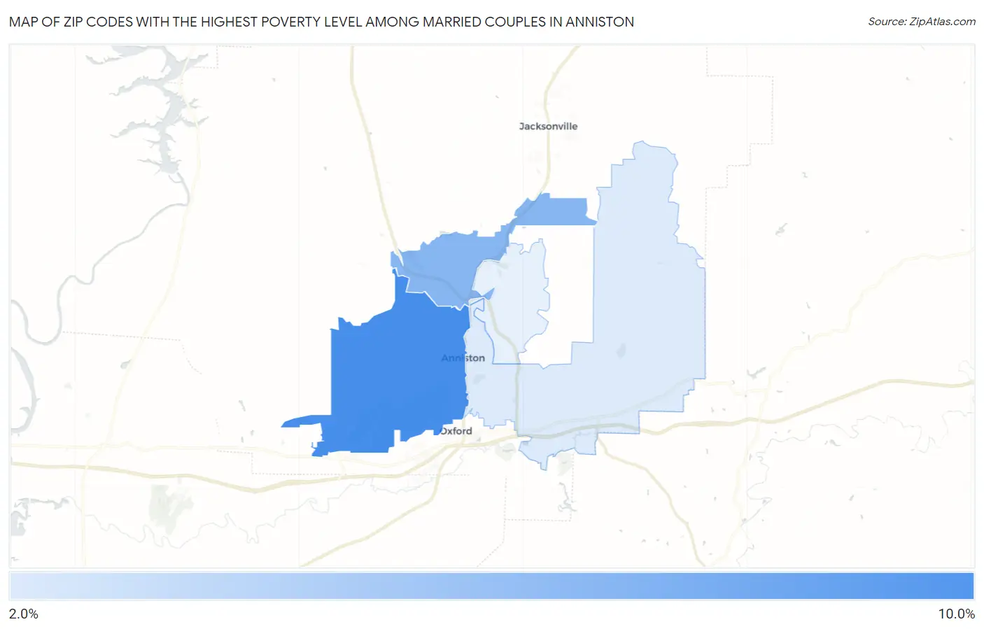 Zip Codes with the Highest Poverty Level Among Married Couples in Anniston Map