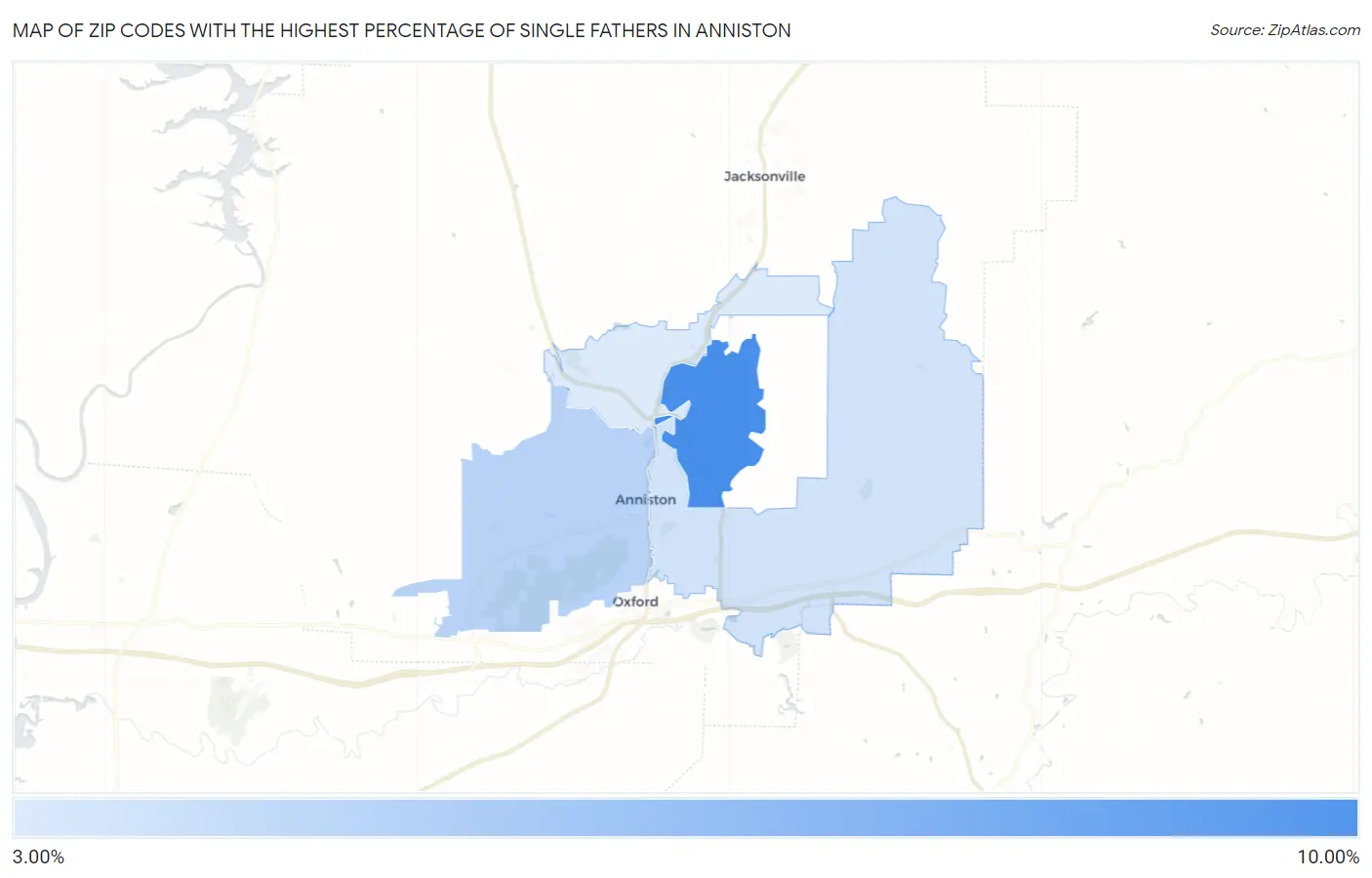 Zip Codes with the Highest Percentage of Single Fathers in Anniston Map