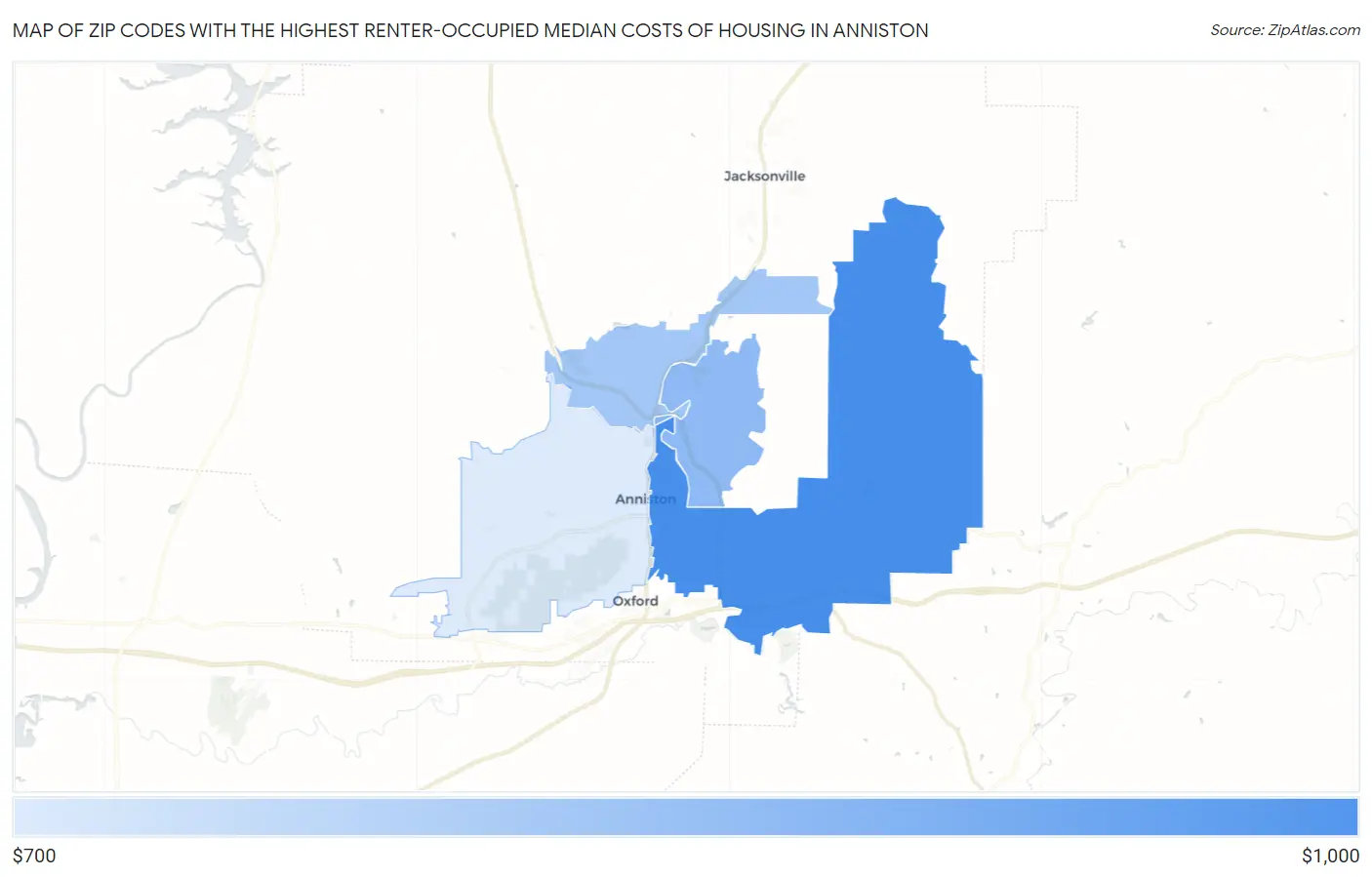 Zip Codes with the Highest Renter-Occupied Median Costs of Housing in Anniston Map