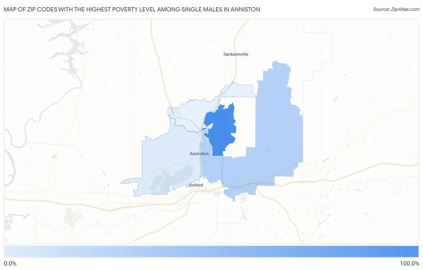 Zip Codes with the Highest Poverty Level Among Single Males in Anniston Map