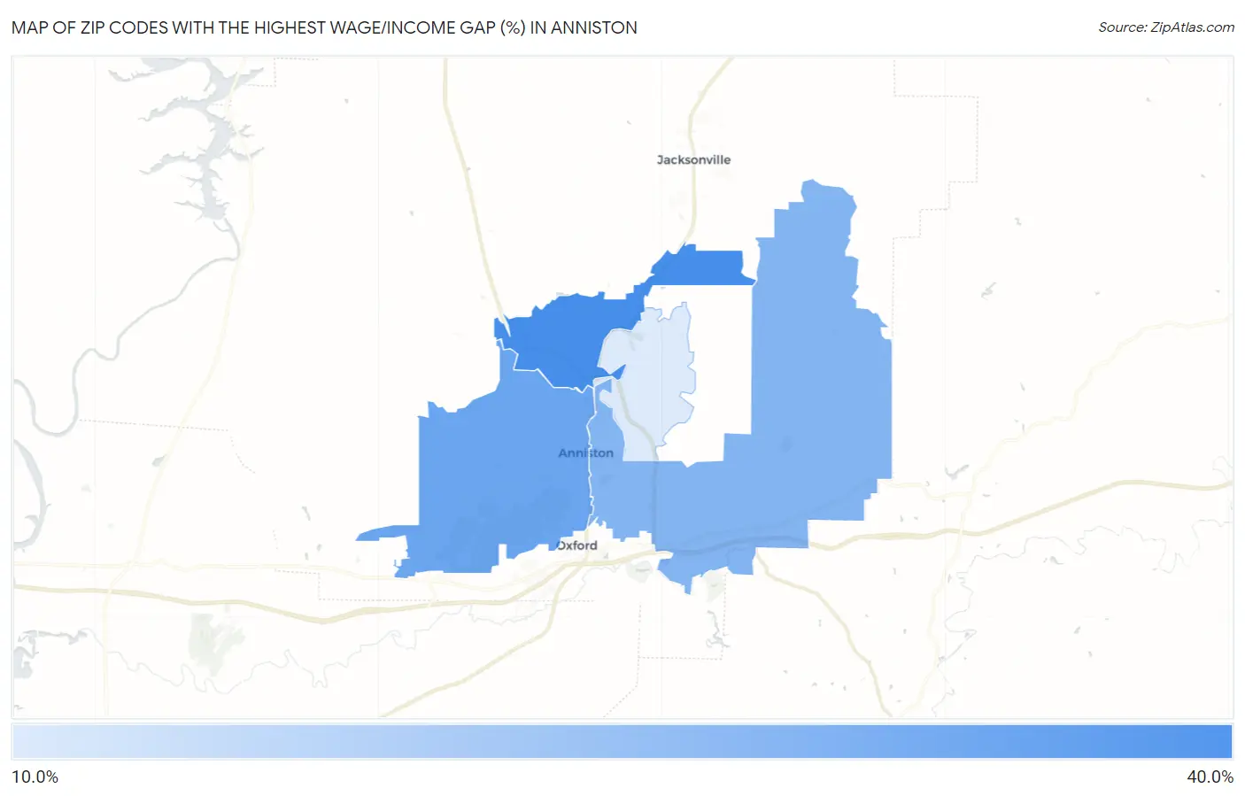 Zip Codes with the Highest Wage/Income Gap (%) in Anniston Map