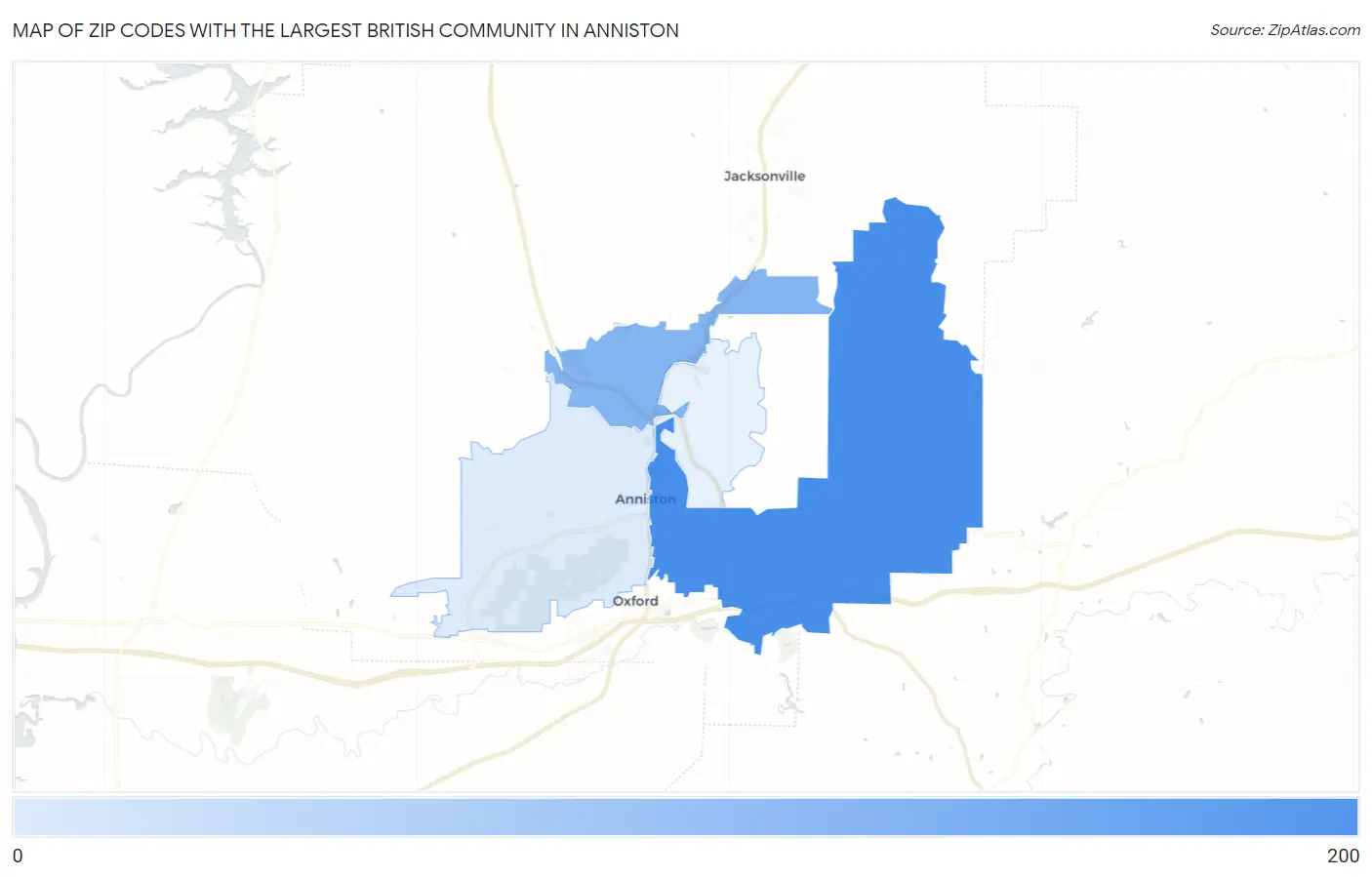 Zip Codes with the Largest British Community in Anniston Map
