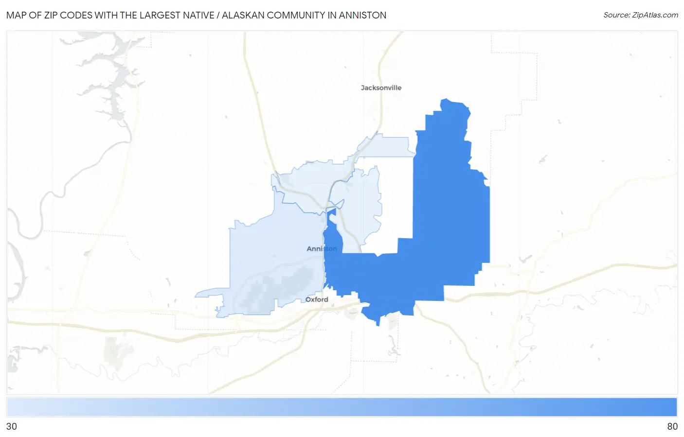 Zip Codes with the Largest Native / Alaskan Community in Anniston Map
