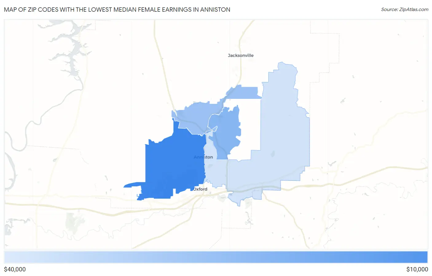 Zip Codes with the Lowest Median Female Earnings in Anniston Map