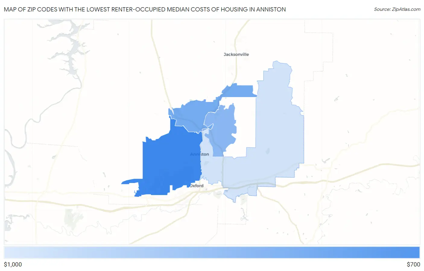 Zip Codes with the Lowest Renter-Occupied Median Costs of Housing in Anniston Map