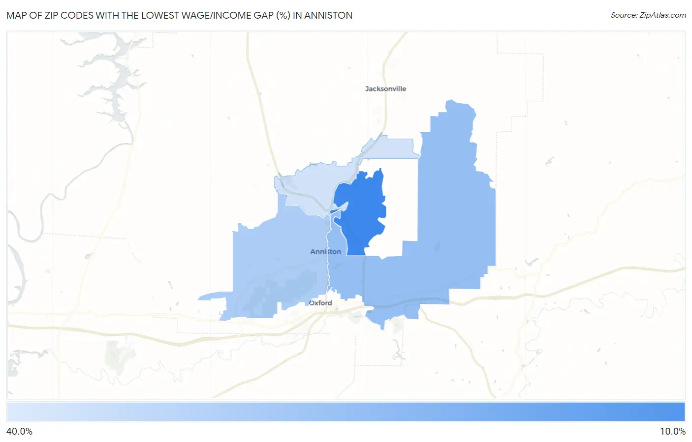 Zip Codes with the Lowest Wage/Income Gap (%) in Anniston Map