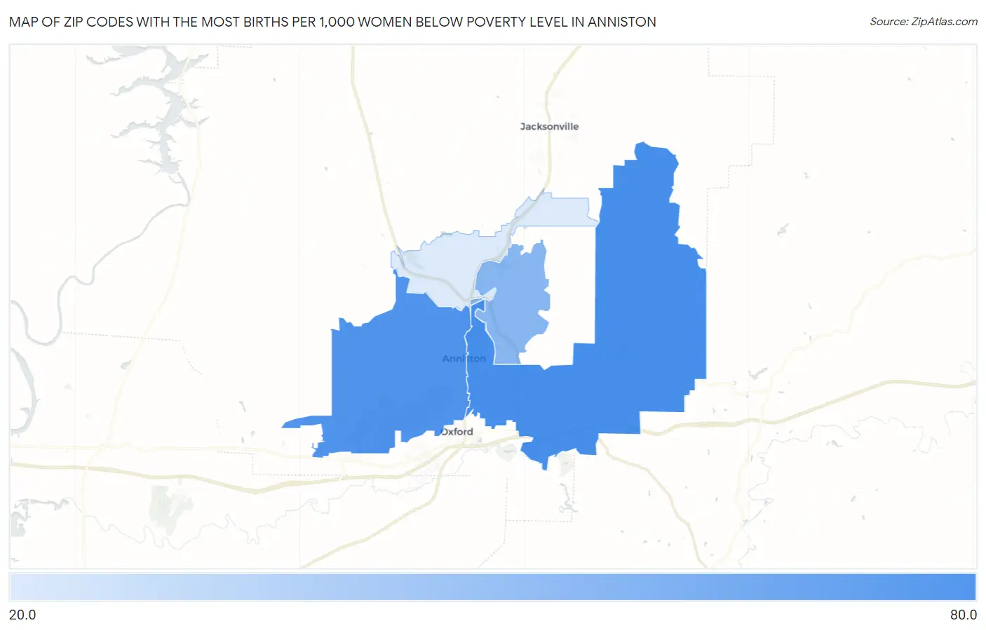 Zip Codes with the Most Births per 1,000 Women Below Poverty Level in Anniston Map