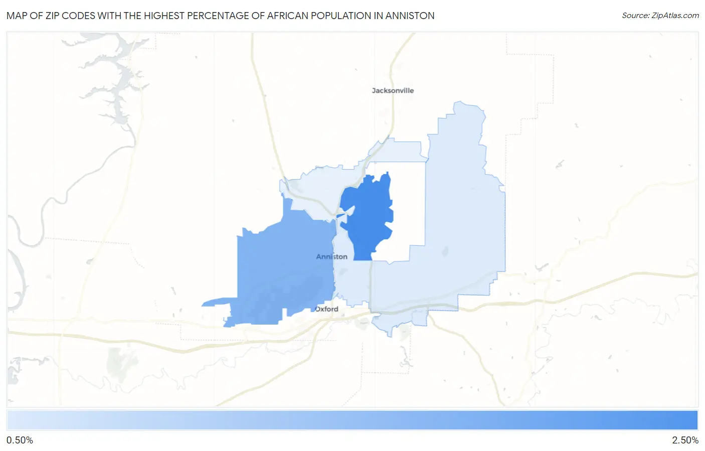 Zip Codes with the Highest Percentage of African Population in Anniston Map