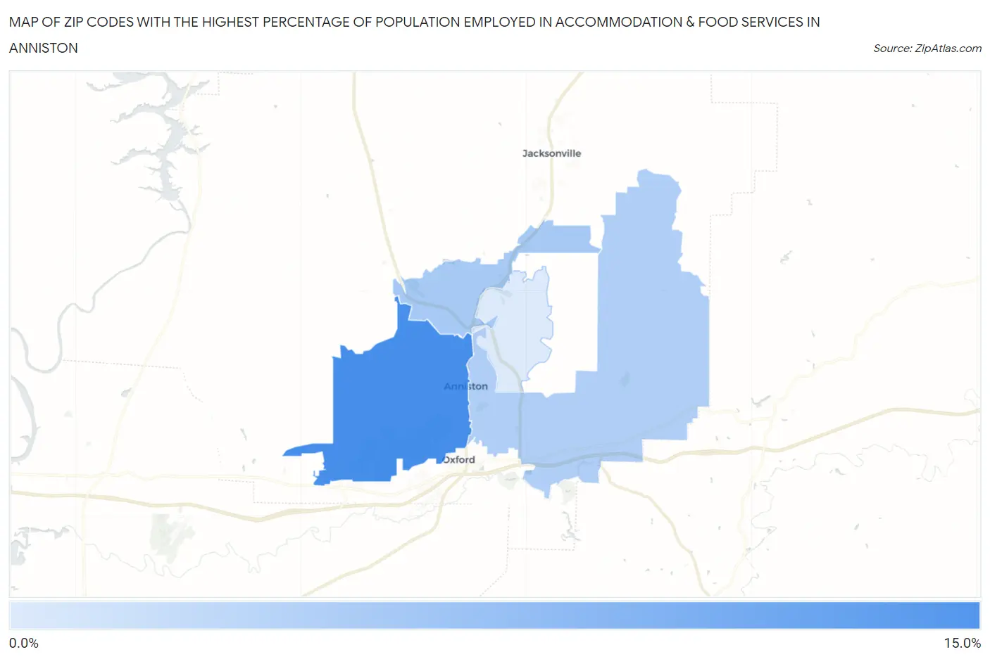 Zip Codes with the Highest Percentage of Population Employed in Accommodation & Food Services in Anniston Map