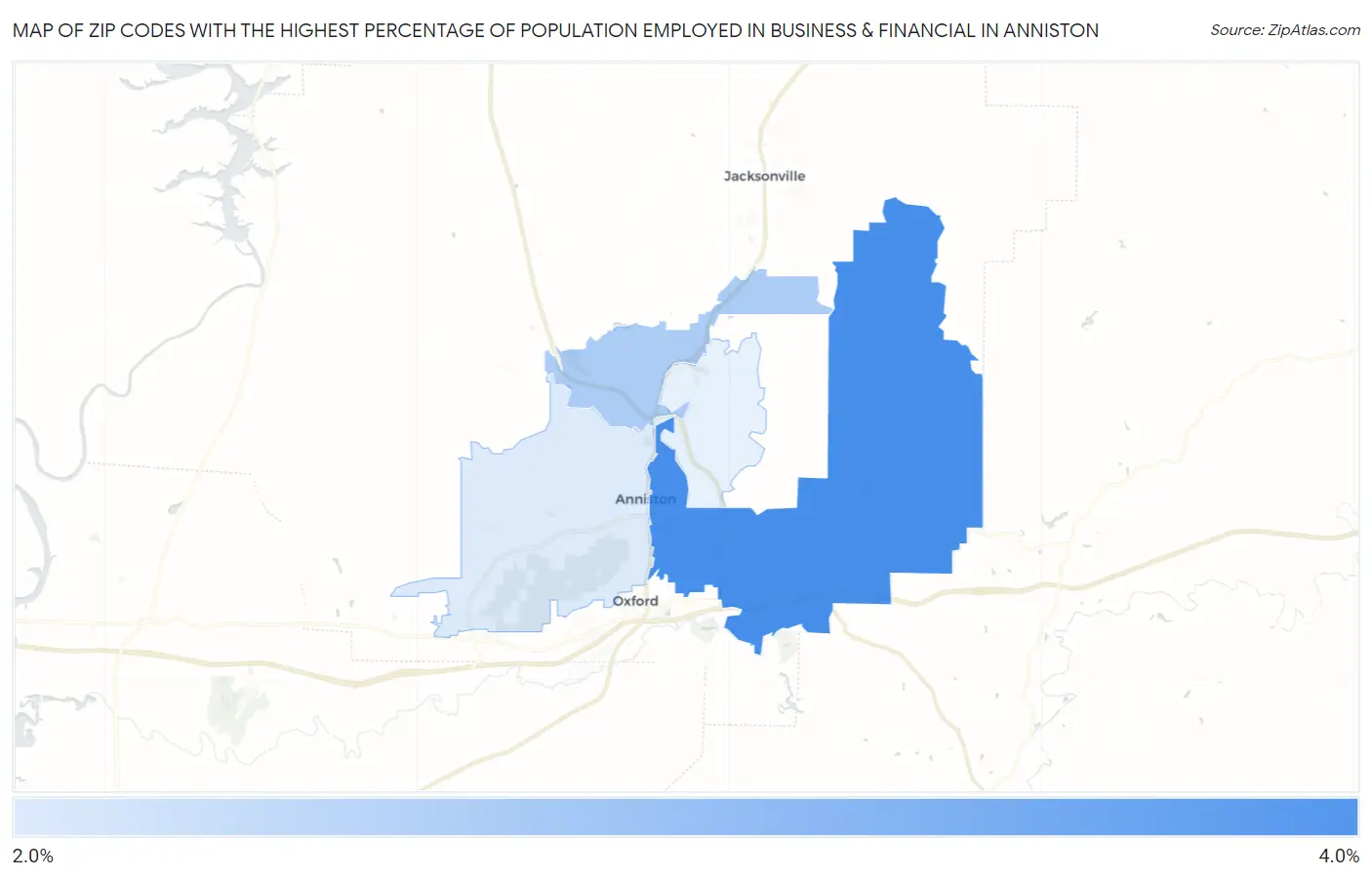 Zip Codes with the Highest Percentage of Population Employed in Business & Financial in Anniston Map